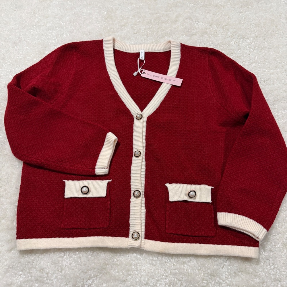 Casly Lamiit Cardigan Sweater Women 2XL Red Pearl Button Contrast Trim NWT